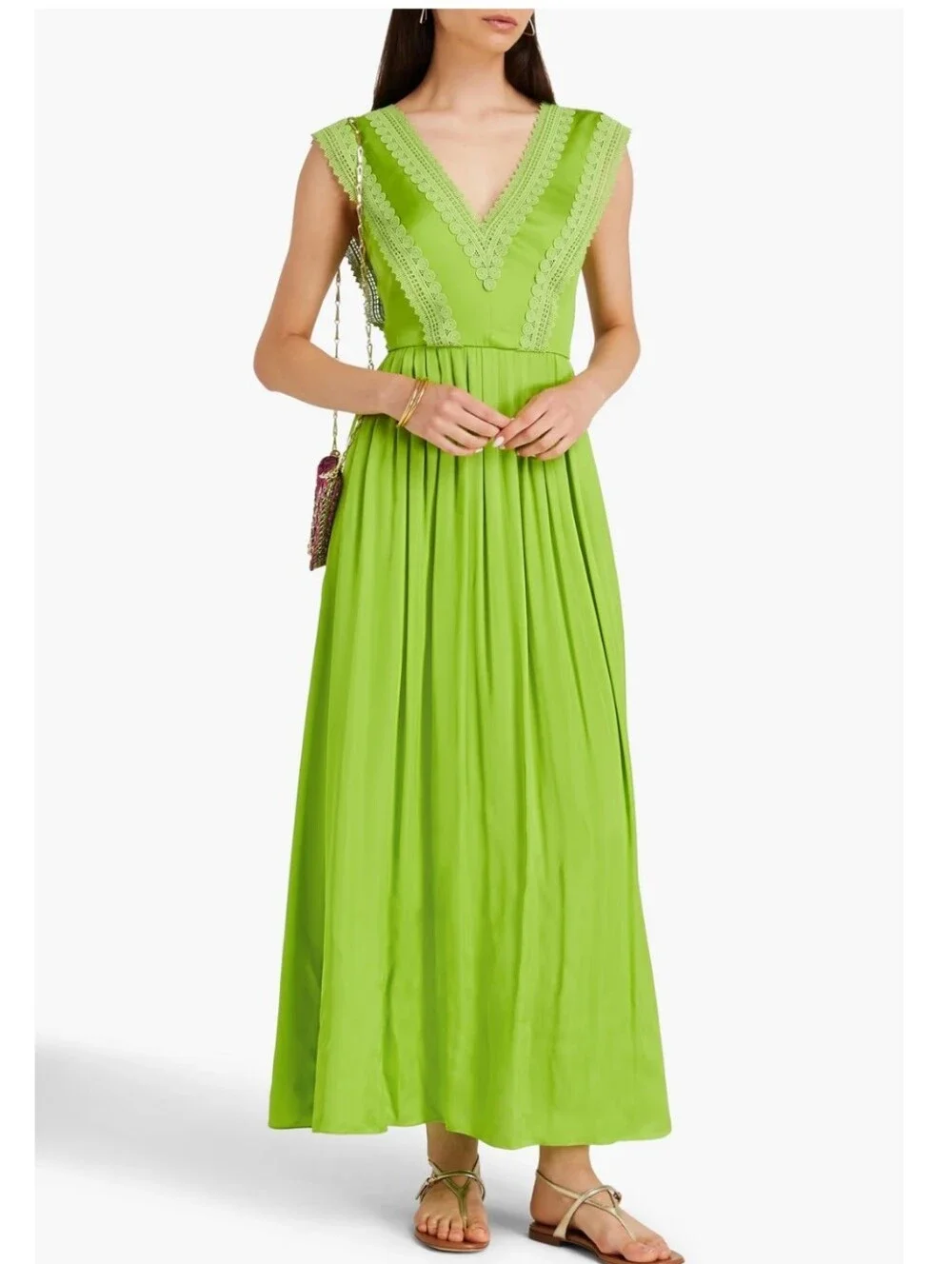 DIANE VON FURSTENBERG Margot Pleated Satin Maxi Dress In Chartreuse Size 6 - Picture 2 of 16